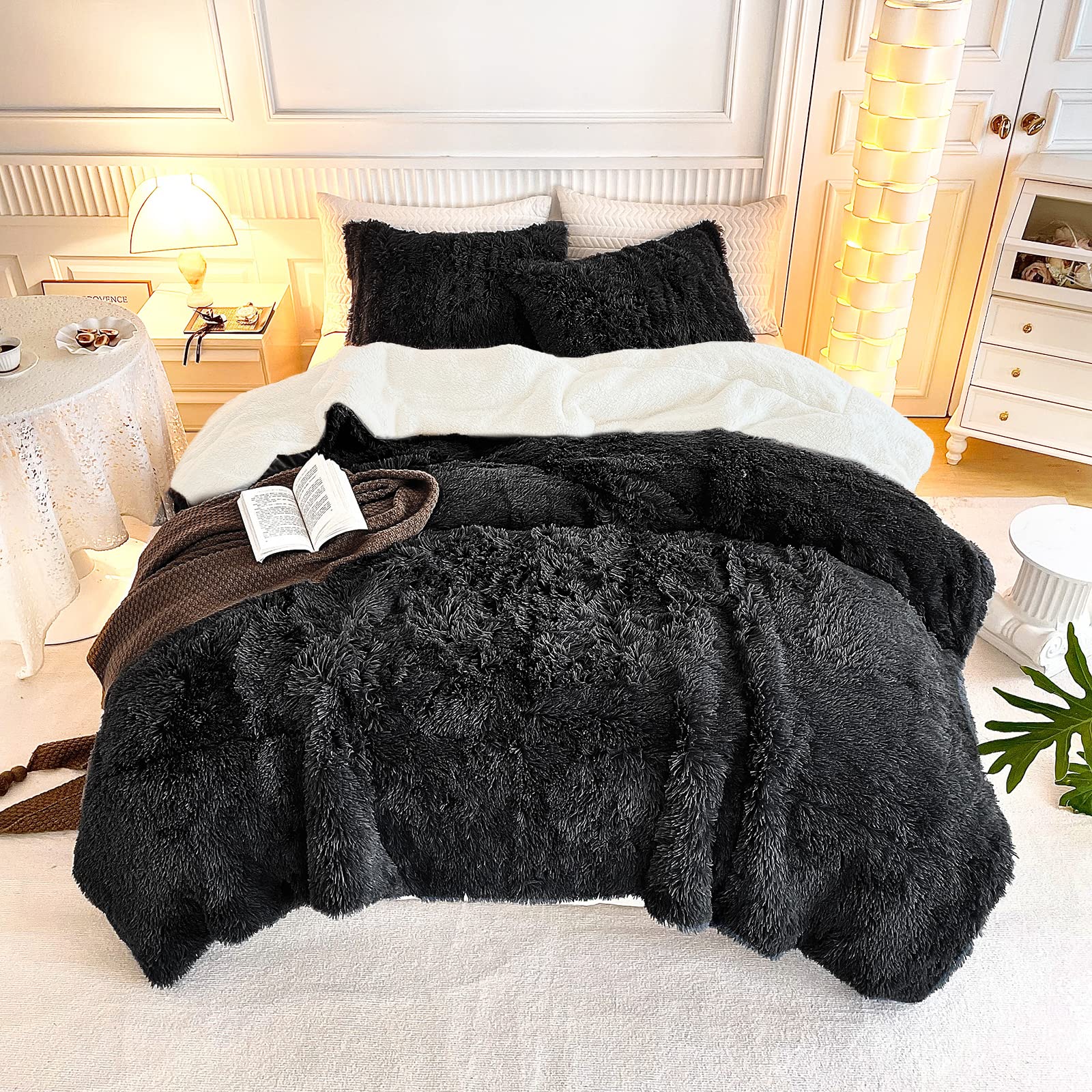 UOZZI BEDDING Black Faux Fur Comforter Set Queen 3 Pieces - 1